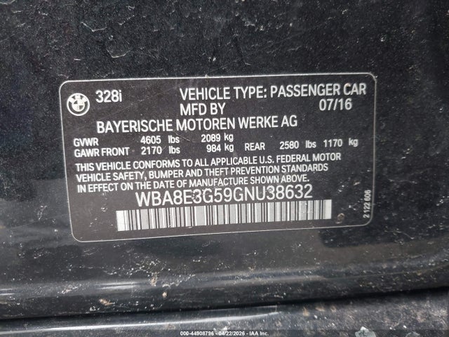 Продаж на аукціоні авто 2016 Bmw 328i Xdrive, vin: WBA8E3G59GNU38632, номер лоту: 44908796