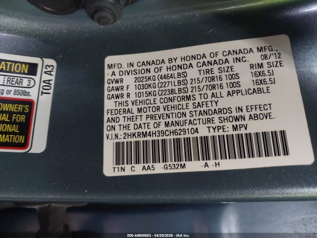 44908803 :رقم المزاد ، 2HKRM4H39CH629104 vin ، 2012 Honda Cr-v Lx مزاد بيع