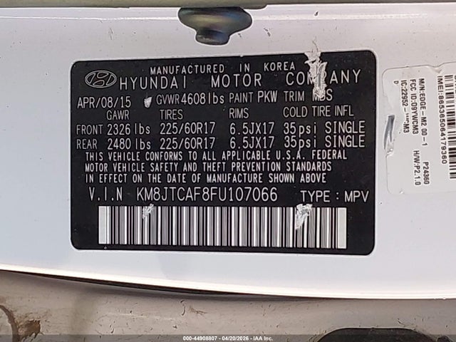 Aukcja sprzedaży 2015 Hyundai Tucson Gls, vin: KM8JTCAF8FU107066, numer aukcji: 44908807