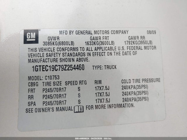 Aukcja sprzedaży 2009 Gmc Sierra 1500 Sl, vin: 1GTEC19C79Z254460, numer aukcji: 44908824
