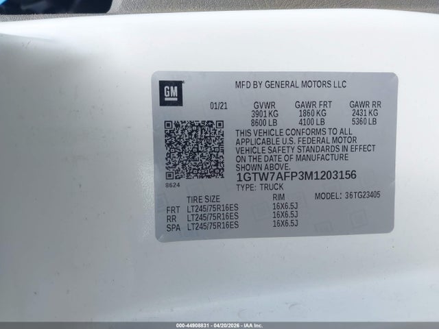 Продаж на аукціоні авто 2021 Gmc Savana Cargo Rwd 2500 Regular Wheelbase Work Van, vin: 1GTW7AFP3M1203156, номер лоту: 44908831