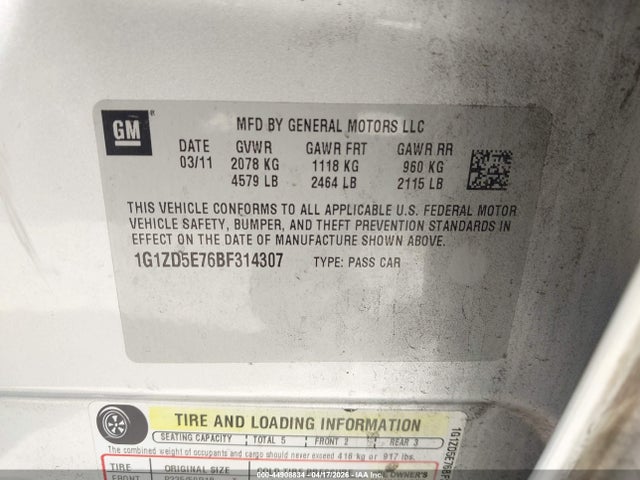 44908834 :رقم المزاد ، 1G1ZD5E76BF314307 vin ، 2011 Chevrolet Malibu 2lt مزاد بيع