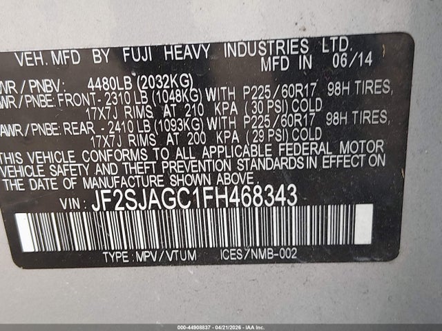 2015 Subaru Forester 2.5i Premium მანქანა იყიდება აუქციონზე, vin: JF2SJAGC1FH468343, აუქციონის ნომერი: 44908837