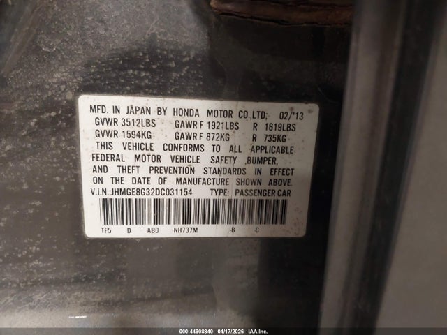 2013 Honda Fit მანქანა იყიდება აუქციონზე, vin: JHMGE8G32DC031154, აუქციონის ნომერი: 44908840