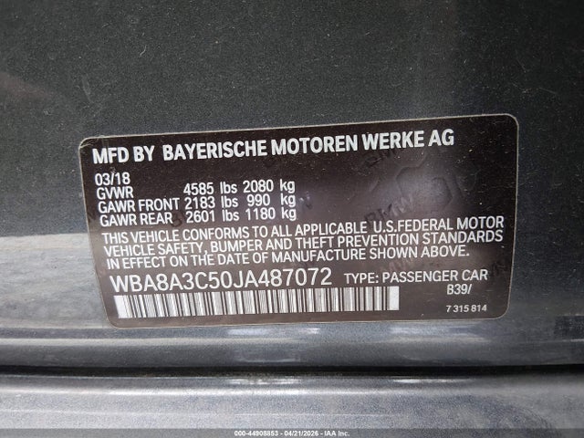 44908853 :رقم المزاد ، WBA8A3C50JA487072 vin ، 2018 Bmw 320i Xdrive مزاد بيع