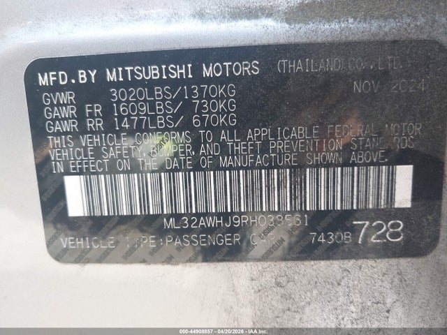 Продаж на аукціоні авто 2024 Mitsubishi Mirage Black Edition, vin: ML32AWHJ9RH038561, номер лоту: 44908857