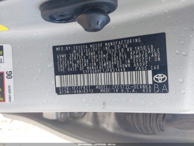 44908861 :رقم المزاد ، 5YFBURHE1JP831449 vin ، 2018 Toyota Corolla Le مزاد بيع