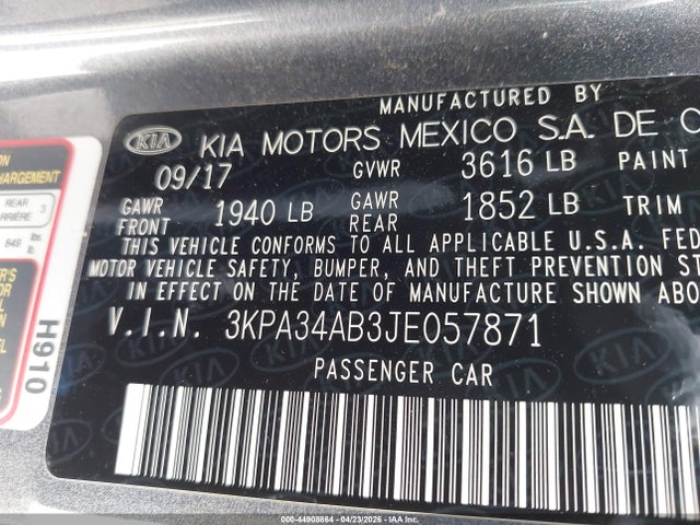 Продаж на аукціоні авто 2018 Kia Rio Ex, vin: 3KPA34AB3JE057871, номер лоту: 44908864