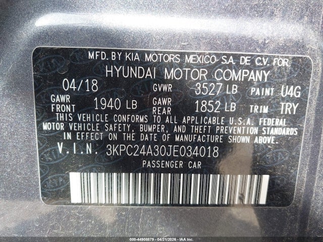 2018 Hyundai Accent Se მანქანა იყიდება აუქციონზე, vin: 3KPC24A30JE034018, აუქციონის ნომერი: 44908879