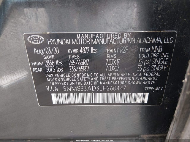 44908887 :رقم المزاد ، 5NMS33AD3LH260447 vin ، 2020 Hyundai Santa Fe Sel مزاد بيع