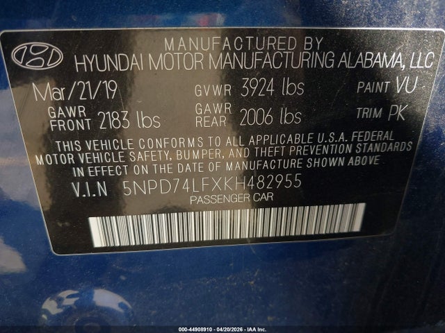 Продаж на аукціоні авто 2019 Hyundai Elantra Se, vin: 5NPD74LFXKH482955, номер лоту: 44908910