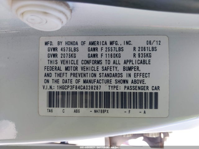 Продаж на аукціоні авто 2012 Honda Accord 3.5 Ex-l, vin: 1HGCP3F84CA038287, номер лоту: 44908923