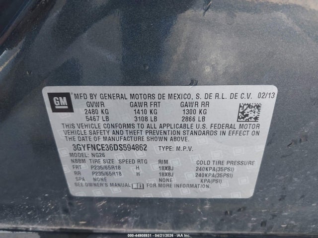 44908931 :رقم المزاد ، 3GYFNCE36DS594862 vin ، 2013 Cadillac Srx Luxury Collection مزاد بيع