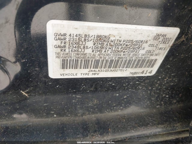 Aukcja sprzedaży 2003 Mitsubishi Outlander Ls, vin: JA4LX31G53U027014, numer aukcji: 44908936