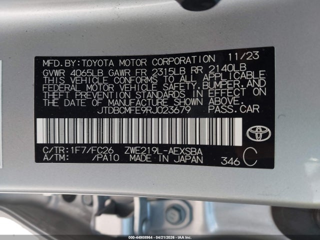 Продаж на аукціоні авто 2024 Toyota Corolla Hybrid Se, vin: JTDBCMFE9RJ023679, номер лоту: 44908964