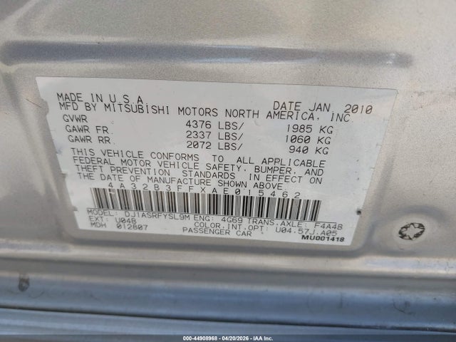Aukcja sprzedaży 2010 Mitsubishi Galant Es/se, vin: 4A32B3FFXAE015462, numer aukcji: 44908968