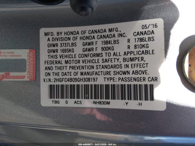 Продажа на аукционе авто 2016 Honda Civic Lx-p, vin: 2HGFC4B09GH308197, номер лота: 44908971