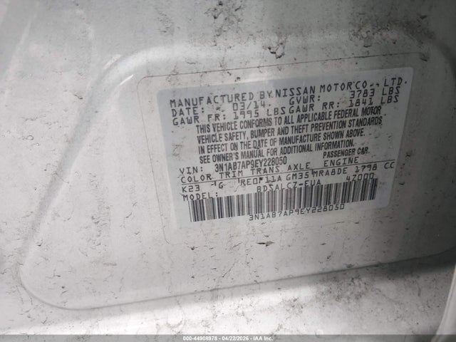 Aukcja sprzedaży 2014 Nissan Sentra S, vin: 3N1AB7AP9EY228050, numer aukcji: 44908978