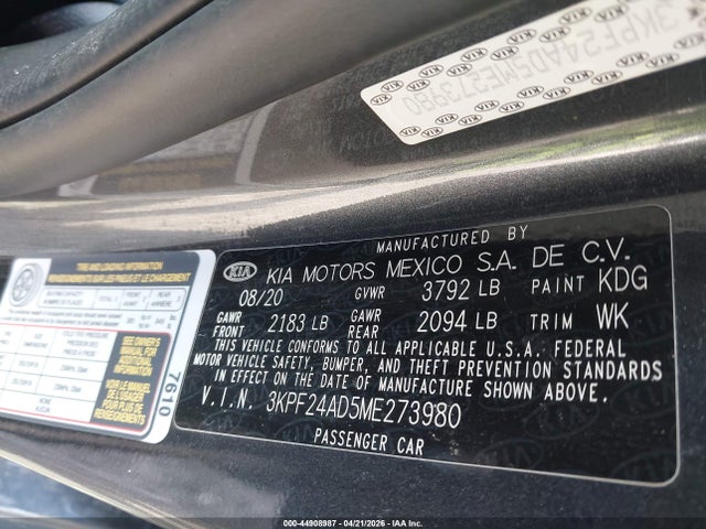 2021 Kia Forte Lxs მანქანა იყიდება აუქციონზე, vin: 3KPF24AD5ME273980, აუქციონის ნომერი: 44908987