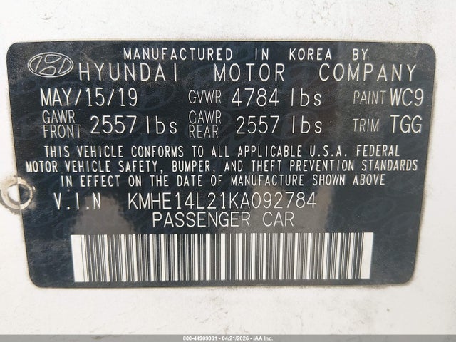 Продаж на аукціоні авто 2019 Hyundai Sonata Plug-in Hybrid, vin: KMHE14L21KA092784, номер лоту: 44909001