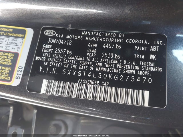 5XXGT4L30KG275470 KIA Optima Lx