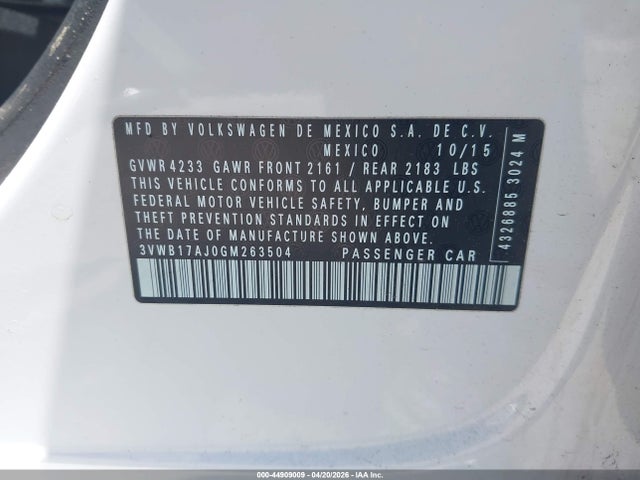Продажа на аукционе авто 2016 Volkswagen Jetta 1.8t Sport, vin: 3VWB17AJ0GM263504, номер лота: 44909009