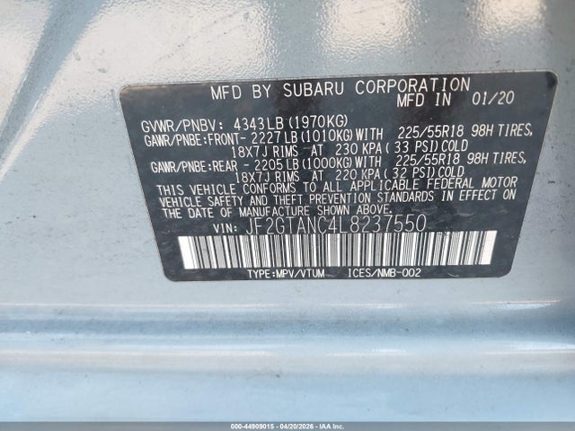 44909015 :رقم المزاد ، JF2GTANC4L8237550 vin ، 2020 Subaru Crosstrek Limited مزاد بيع