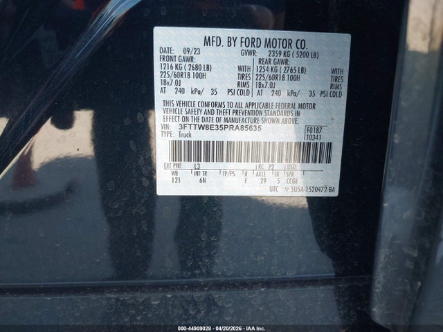 44909028 :رقم المزاد ، 3FTTW8E35PRA85635 vin ، 2023 Ford Maverick Lariat مزاد بيع