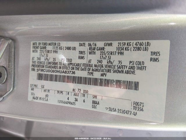 1FMCU0G93HUA83736 Ford ESCAPE SE
