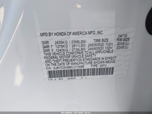 Продаж на аукціоні авто 2019 Acura Mdx Tech Pkg, vin: 5J8YD3H58KL010688, номер лоту: 44909035