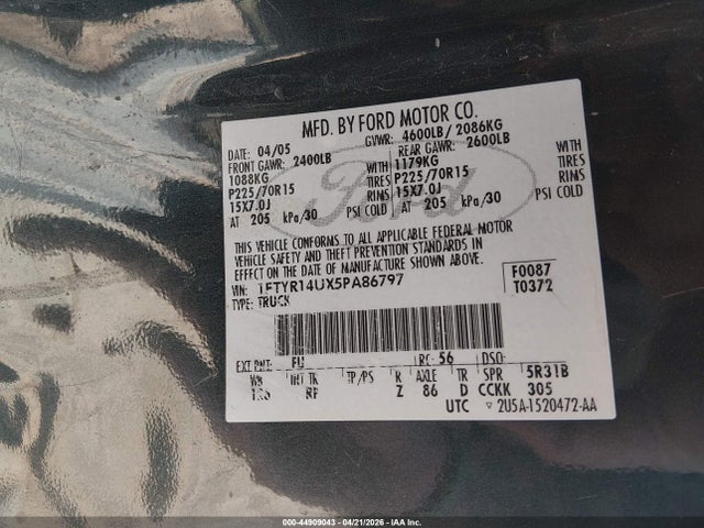 Продаж на аукціоні авто 2005 Ford Ranger Edge/stx/xl/xlt, vin: 1FTYR14UX5PA86797, номер лоту: 44909043