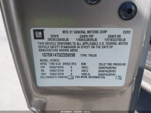 2002 Gmc Sierra 1500 Sle მანქანა იყიდება აუქციონზე, vin: 1GTEK14T52Z259298, აუქციონის ნომერი: 44909047