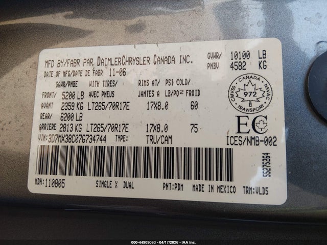 Продаж на аукціоні авто 2007 Dodge Ram 3500 Laramie, vin: 3D7MX38C07G734744, номер лоту: 44909063