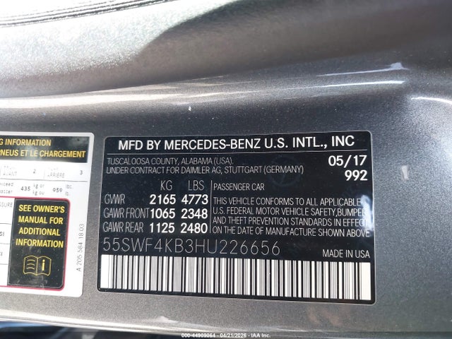 Aukcja sprzedaży 2017 Mercedes-benz C 300 4matic, vin: 55SWF4KB3HU226656, numer aukcji: 44909064