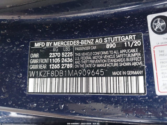 Aukcja sprzedaży 2021 Mercedes-benz E 350, vin: W1KZF8DB1MA909645, numer aukcji: 44909067