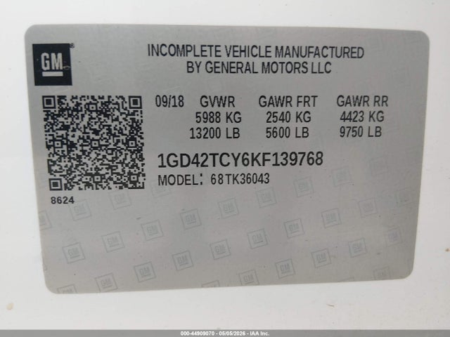 44909070 :رقم المزاد ، 1GD42TCY6KF139768 vin ، 2019 Gmc Sierra 3500hd Chassis مزاد بيع