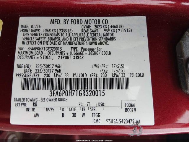 Aukcja sprzedaży 2016 Ford Fusion Se, vin: 3FA6P0H71GR320015, numer aukcji: 44909075