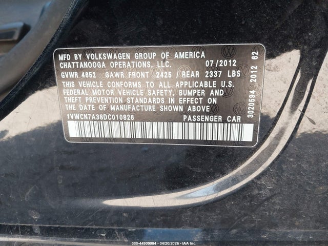 Aukcja sprzedaży 2013 Volkswagen Passat 2.0l Tdi Sel Premium, vin: 1VWCN7A38DC010826, numer aukcji: 44909084
