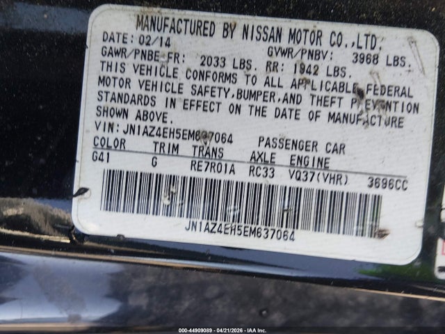 44909089 :رقم المزاد ، JN1AZ4EH5EM637064 vin ، 2014 Nissan 370z مزاد بيع