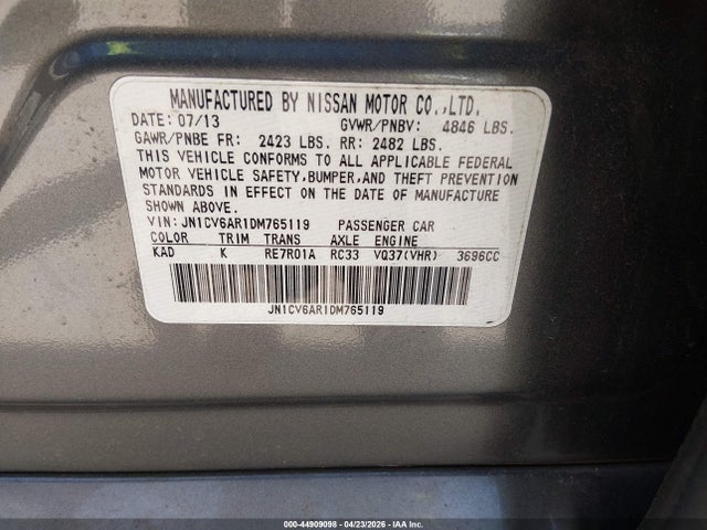 2013 Infiniti G37x მანქანა იყიდება აუქციონზე, vin: JN1CV6AR1DM765119, აუქციონის ნომერი: 44909098