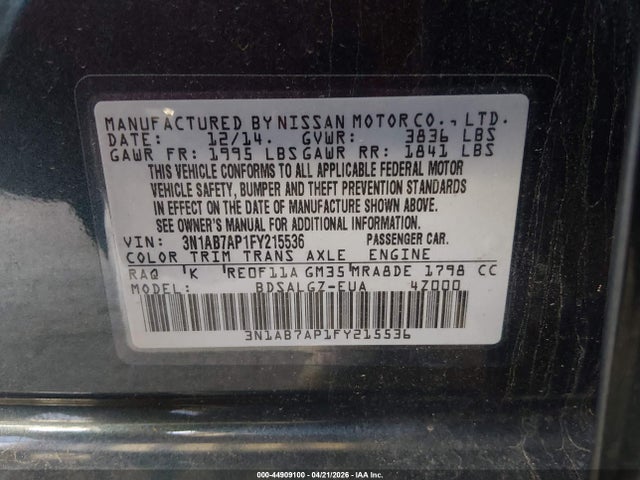 Продаж на аукціоні авто 2015 Nissan Sentra Sl, vin: 3N1AB7AP1FY215536, номер лоту: 44909100