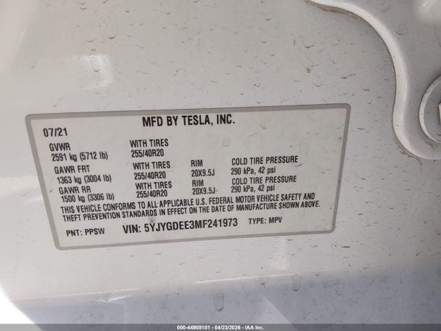 Aukcja sprzedaży 2021 Tesla Model Y Long Range Dual Motor All-wheel Drive, vin: 5YJYGDEE3MF241973, numer aukcji: 44909101