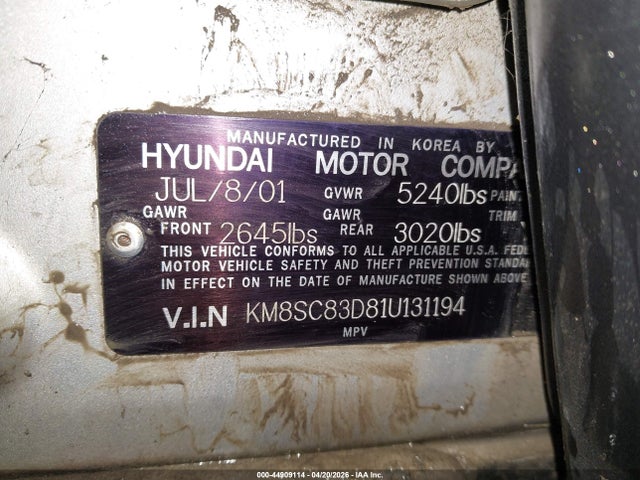 Продаж на аукціоні авто 2001 Hyundai Santa Fe 2.7l V6 Gls/2.7l V6 Lx, vin: KM8SC83D81U131194, номер лоту: 44909114
