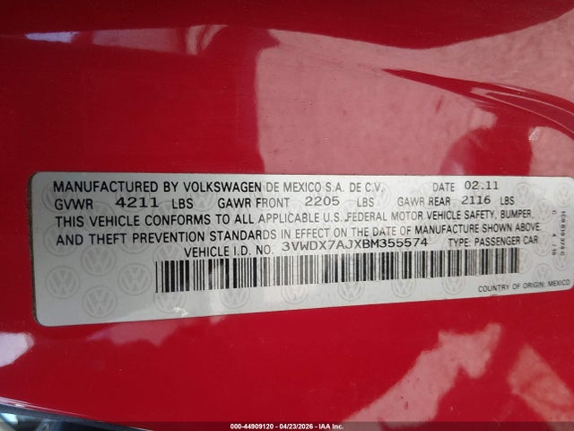 Продаж на аукціоні авто 2011 Volkswagen Jetta 2.5l Se, vin: 3VWDX7AJXBM355574, номер лоту: 44909120