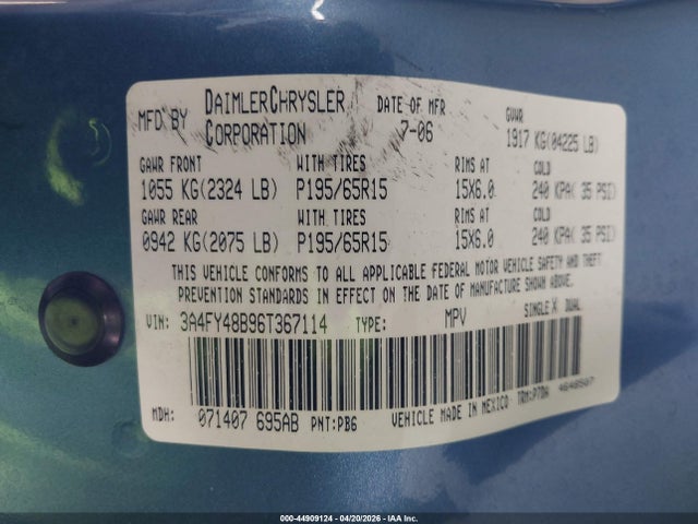 Aukcja sprzedaży 2006 Chrysler Pt Cruiser, vin: 3A4FY48B96T367114, numer aukcji: 44909124