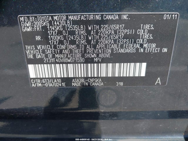 2011 Toyota Rav4 Limited მანქანა იყიდება აუქციონზე, vin: 2T3YF4DV8BW071590, აუქციონის ნომერი: 44909145
