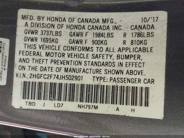 44909146 :رقم المزاد ، 2HGFC2F74JH502901 vin ، 2018 Honda Civic Ex مزاد بيع