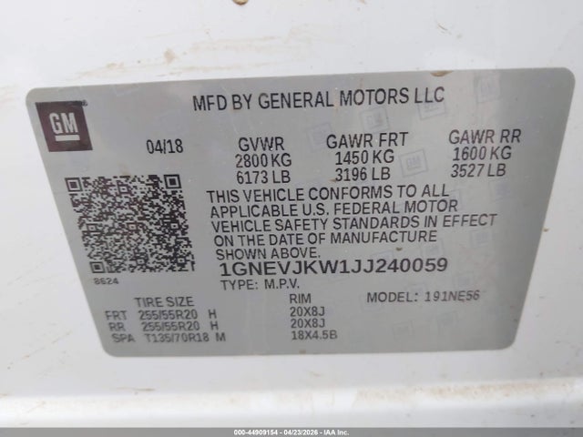 44909154 :رقم المزاد ، 1GNEVJKW1JJ240059 vin ، 2018 Chevrolet Traverse Premier مزاد بيع
