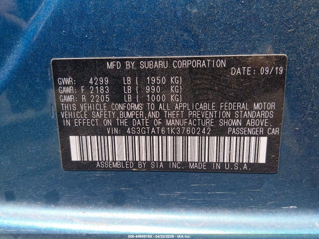 2019 Subaru Impreza 2.0i Limited მანქანა იყიდება აუქციონზე, vin: 4S3GTAT61K3760242, აუქციონის ნომერი: 44909165