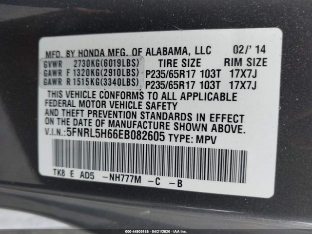 Honda Odyssey Ex-l 2014 5FNRL5H66EB082605 Image 9